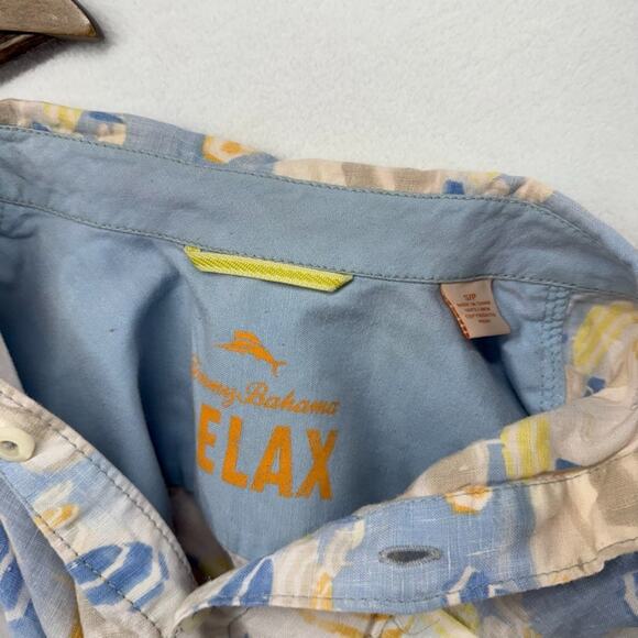 Tommy Bahama Shirt Men's Small Blue Beige Geometric Abstract 100% Linen Summer - Picture 7 of 8